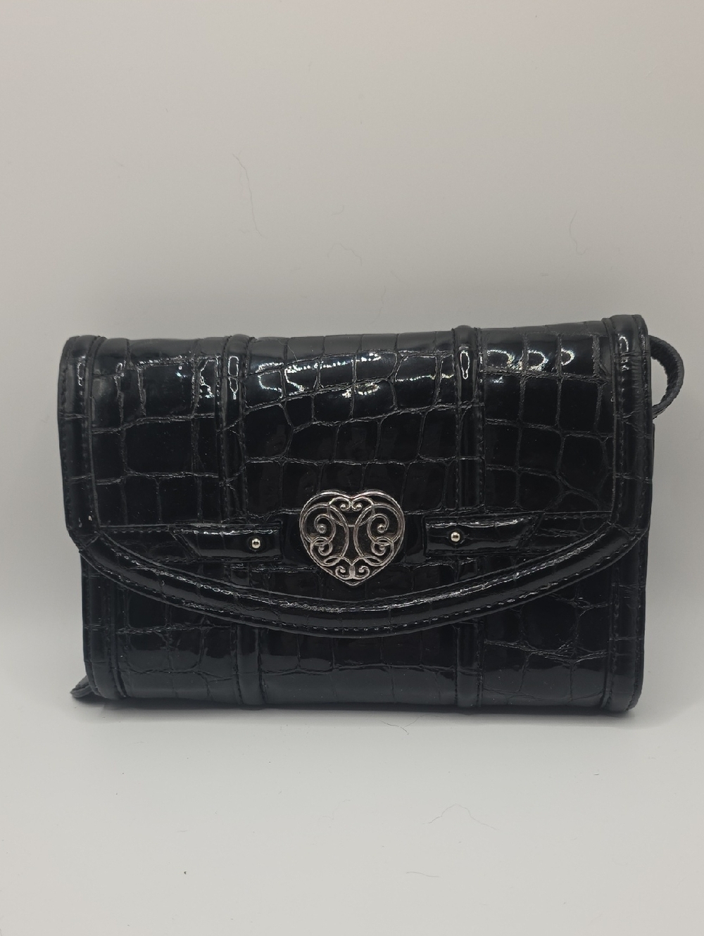 Brighton Black Croc-Embossed Heart Clasp Crossbody/wristlet Bag